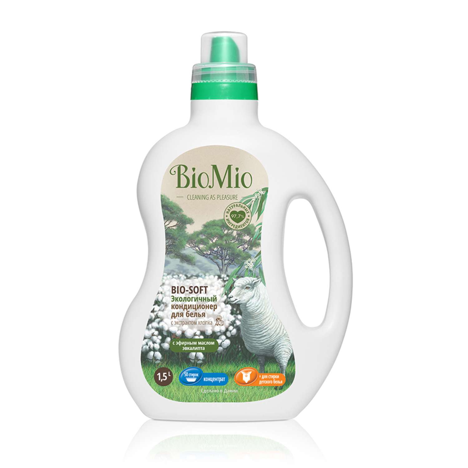 Экологичный кондиционер для белья BioMio BIO-SOFT (с эфирным маслом эвкалипта и экстрактом хлопка) 1,5 л - фото 1