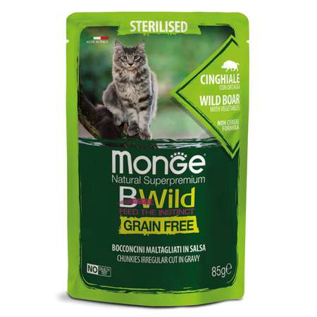 Корм для кошек MONGE Cat BWild Grain Free для стерилизованных беззерновой из мяса дикого кабана с овощами пауч 85г