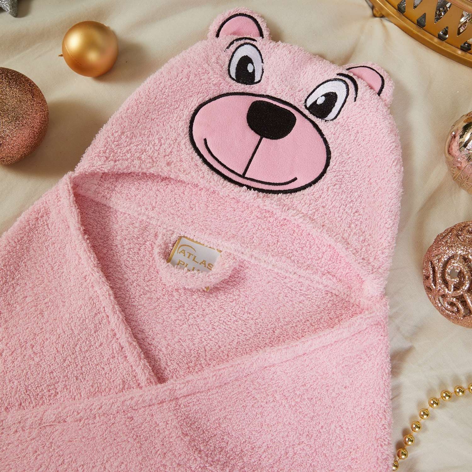 Полотенце-пончо с капюшоном ATLASPLUS 100х100 см мишка розовый - фото 5