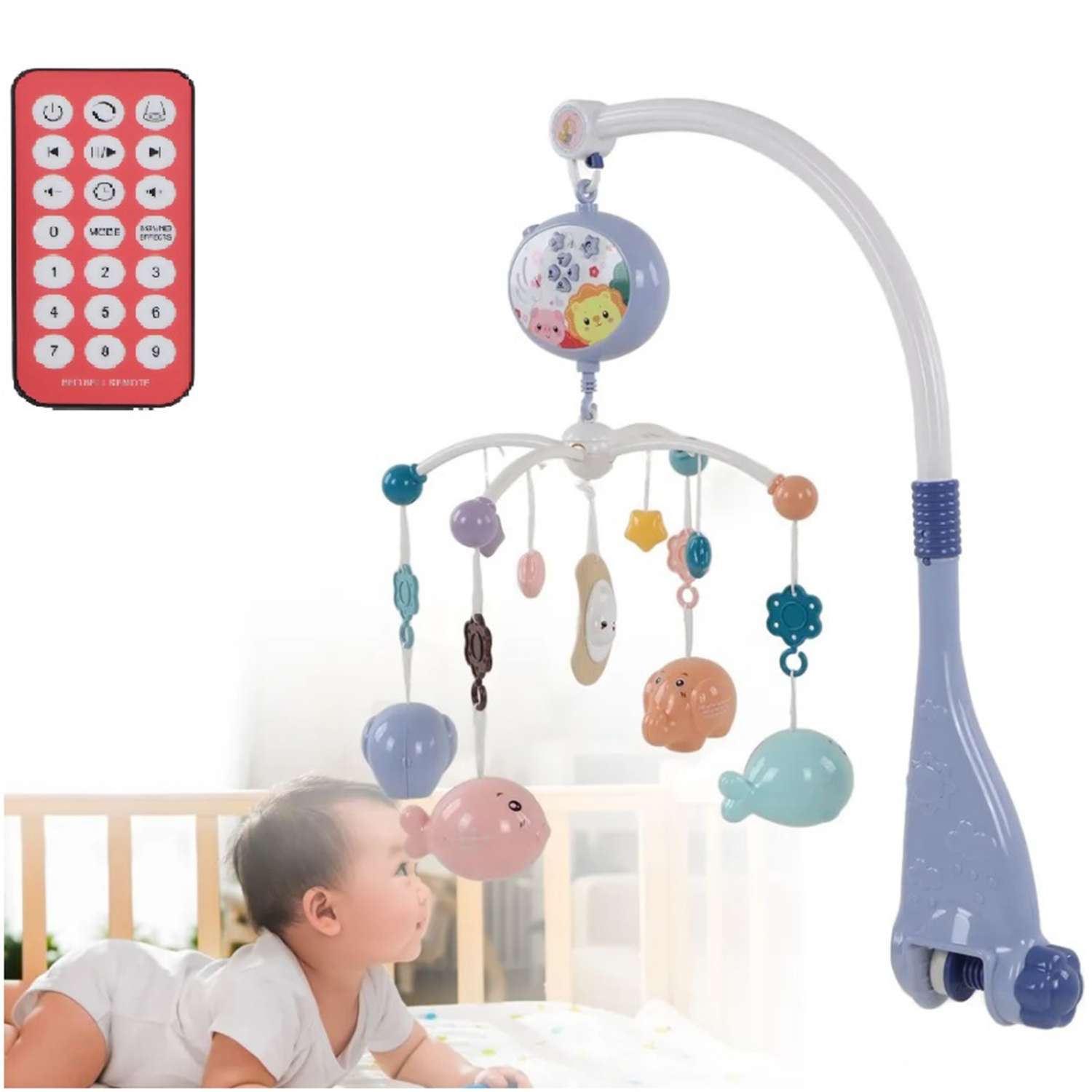 Мобиль синий рыбки и слоник ТОТОША с проектором и пультом в кроватку для новорожденных - фото 1