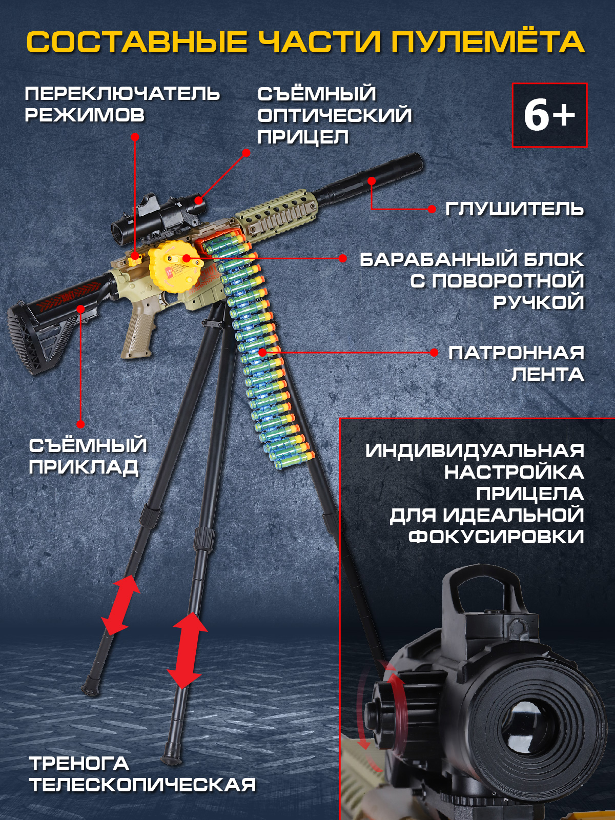 Игрушечное оружие ДЖАМБО Пулемёт с мягкими пулями на треноге с аккумулятором - фото 5