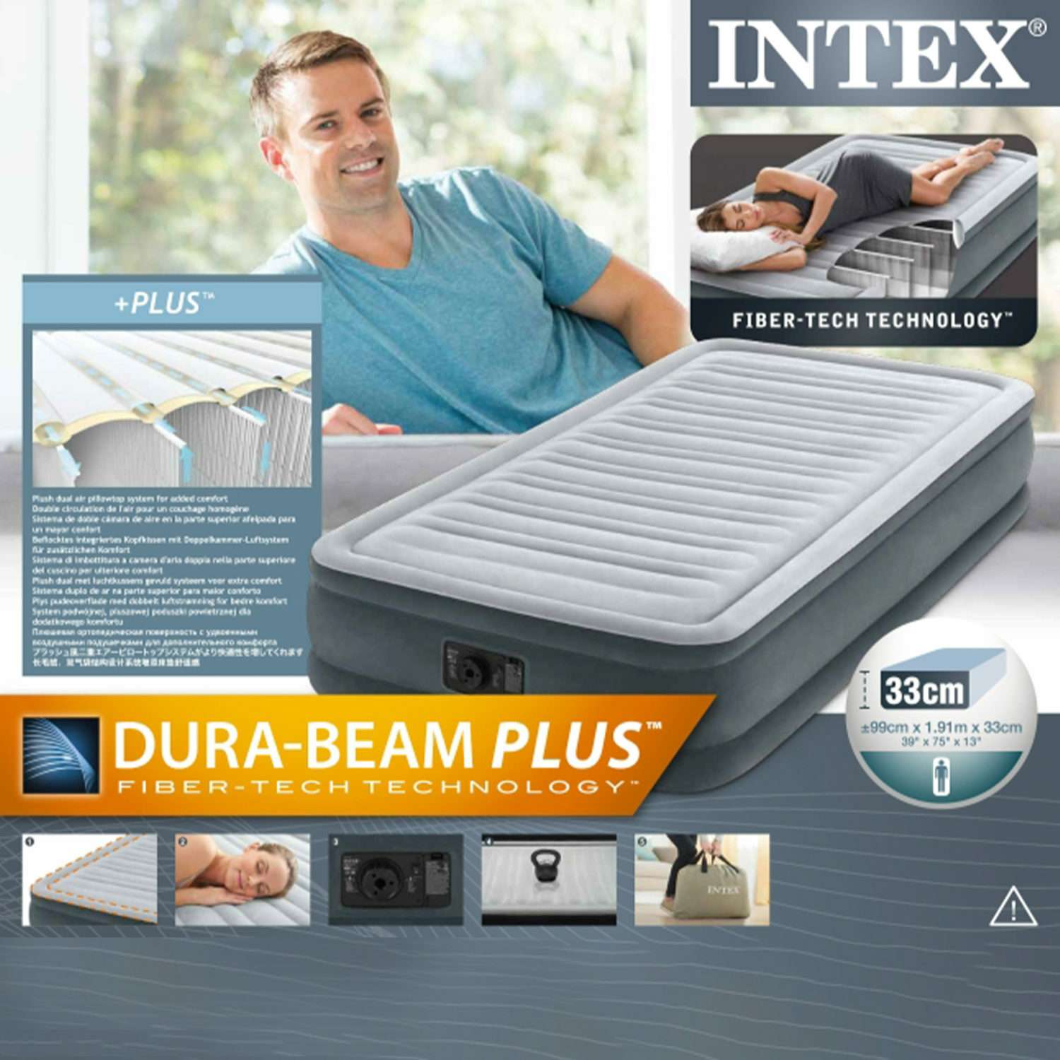 Надувной матрас INTEX кровать комфорт-плюш с электрическим встроенным насосом 99х191х33см - фото 5
