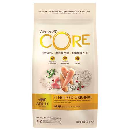 Корм для кошек Wellness CORE 1.75кг индейка-курица для стерилизованных и кастрированных