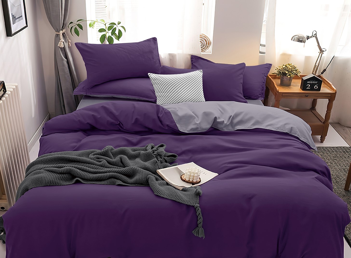 Комплект постельного белья PAVLine Манетти полисатин 1.5 сп. темно-фиолетовый/серый S11 - фото 2
