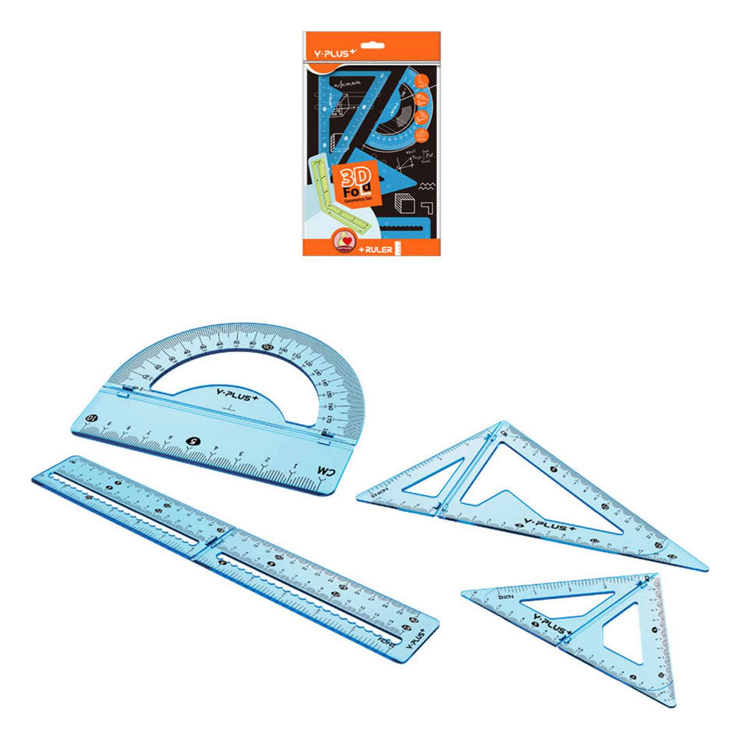 Чертёжный набор Y-plus 3D Fold линейка 15/30см+2угольника+транспортир голубой - фото 3