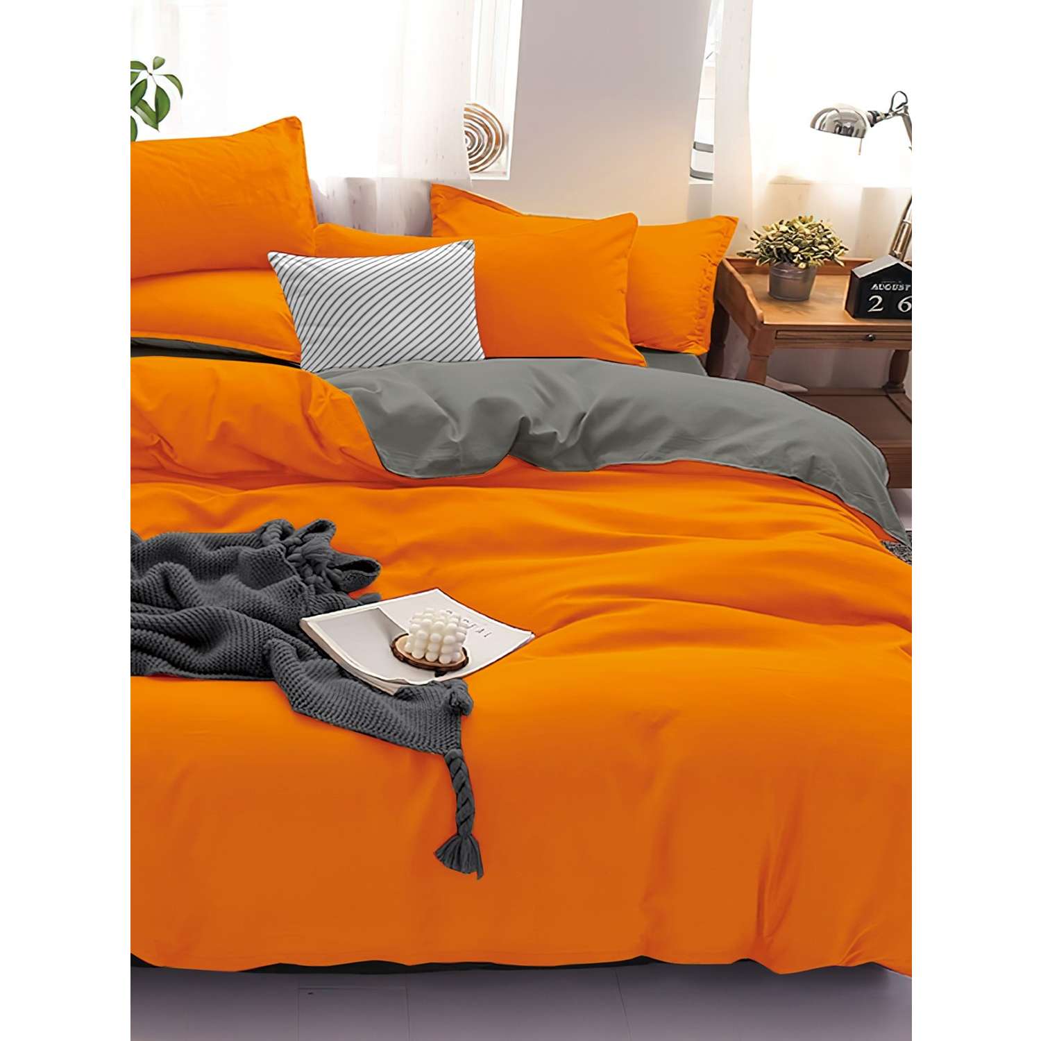 Комплект постельного белья PAVLine Манетти полисатин Евро оранжевый/серый S19 - фото 4