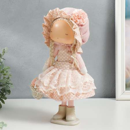 Кукла интерьерная Зимнее волшебство «Малышка в чепчике и платье в горох с корзиной цветов» 36х14х16 см