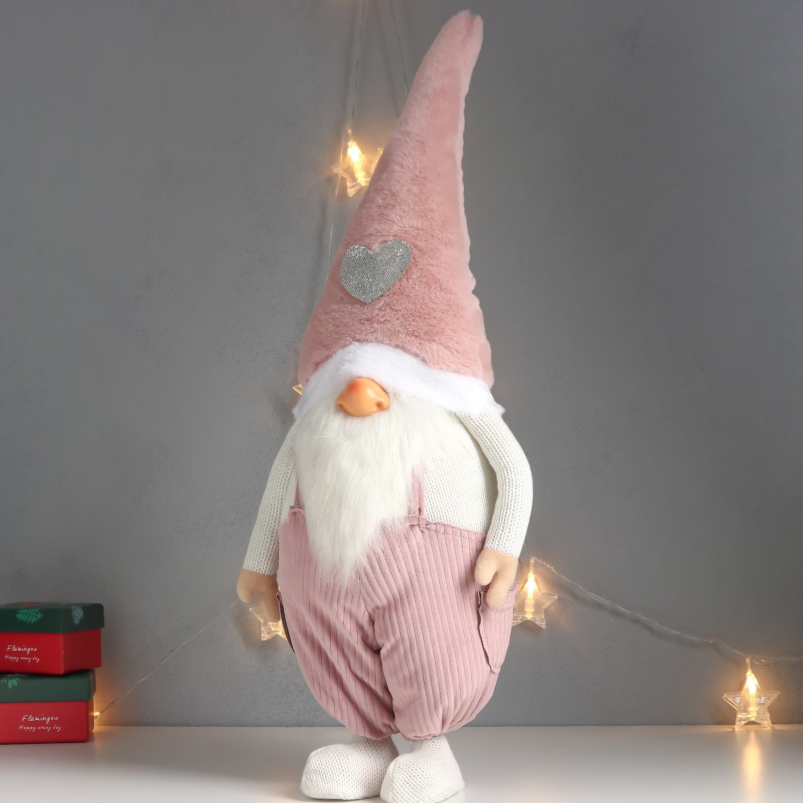 Кукла интерьерная Зимнее волшебство «Дед Мороз только нос в розовом вельветовом комбинезоне» 70х25х19 см - фото 3