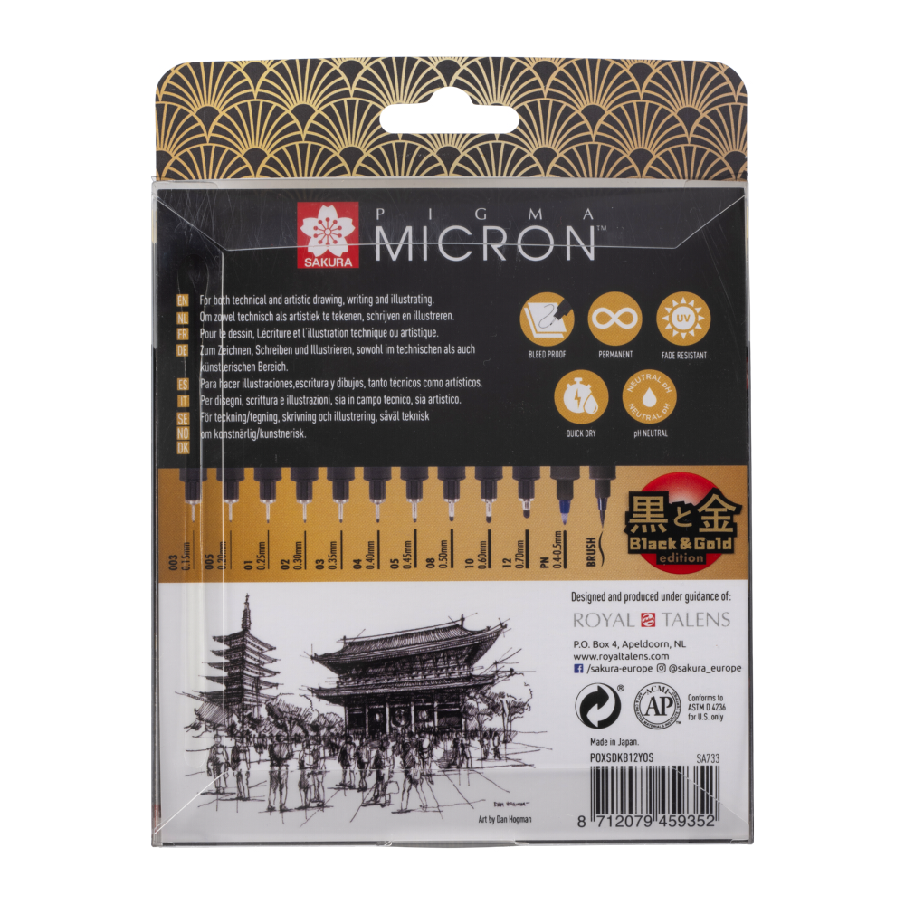 Набор черных капиллярных ручек SAKURA Pigma Micron Gold Limited Edition 12 штук - фото 2