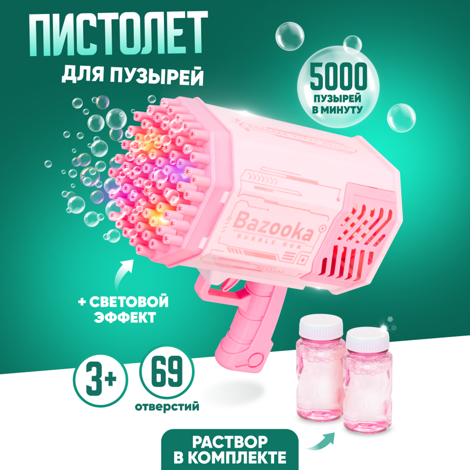 Генератор мыльных пузырей Solmax пистолет 5000 пузырей в минуту со световыми эффектами для детей розовый - фото 1