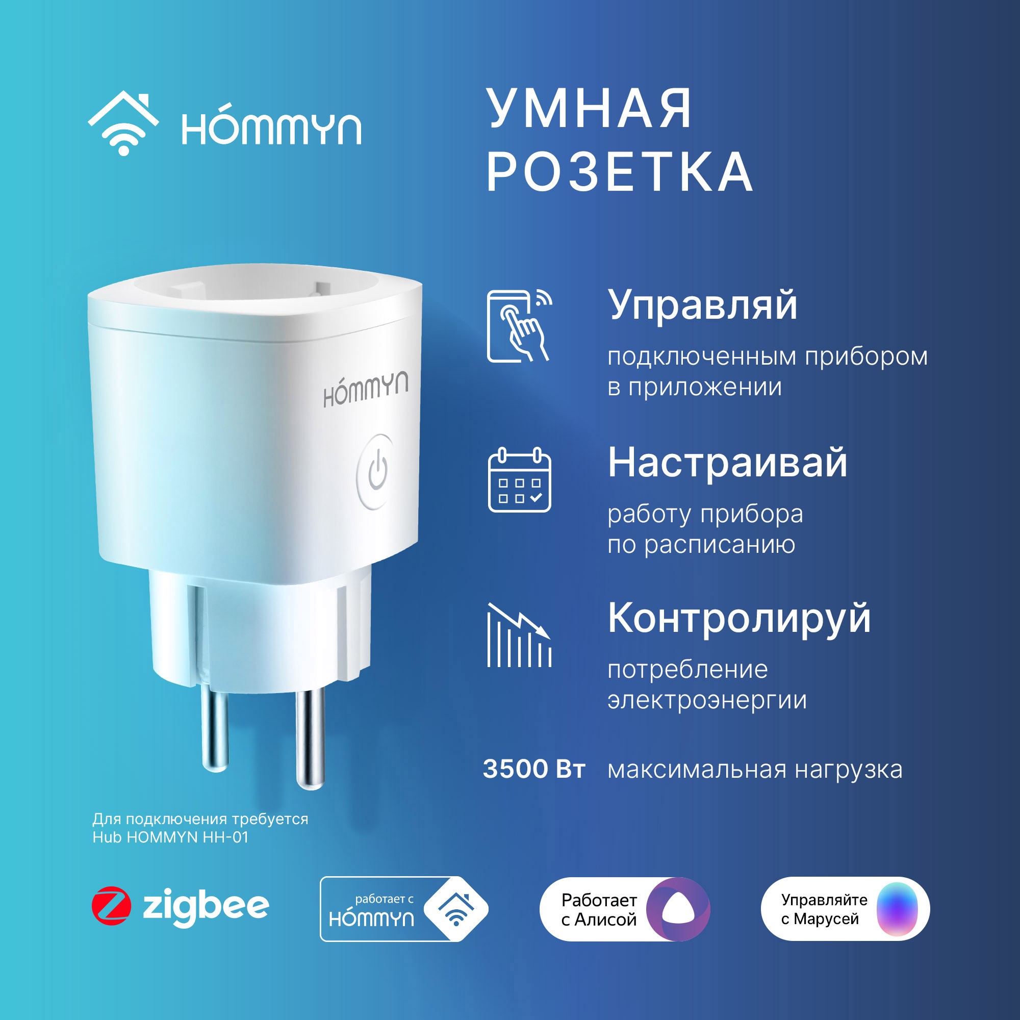 Розетка умная HOMMYN Smart Plug RKNZ01 купить по цене 2056.6 ₽ в  интернет-магазине Детский мир