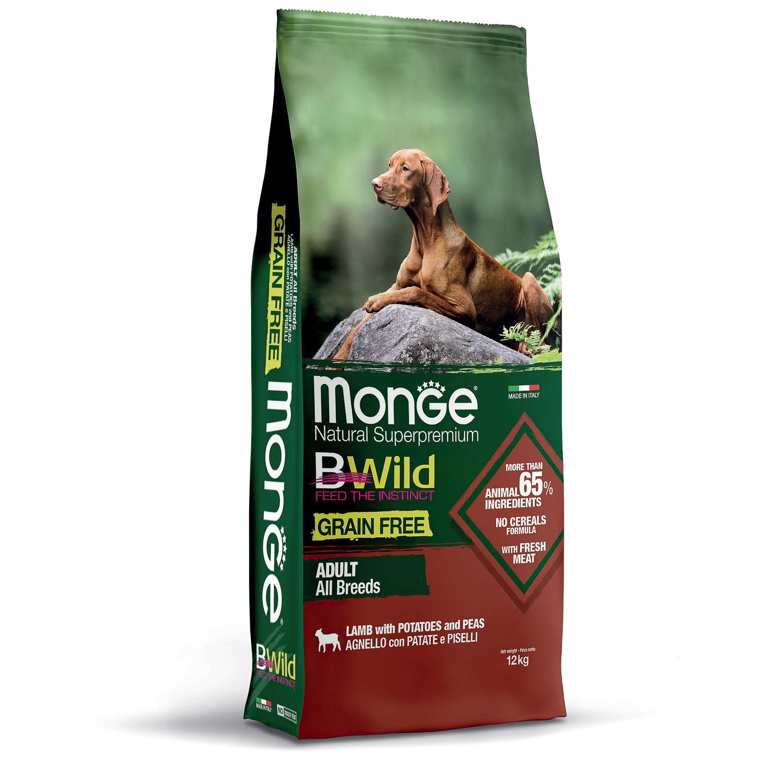 Корм для собак MONGE BWild Grain free из мяса ягненка с картофелем и горохом 12кг - фото 1