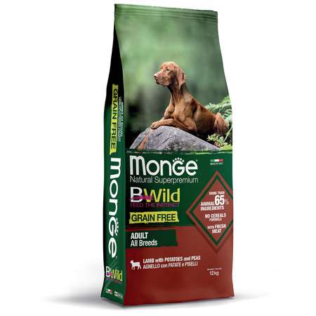 Корм для собак MONGE BWild Grain free из мяса ягненка с картофелем и горохом 12кг
