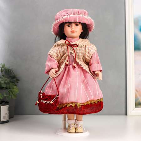 Кукла коллекционная Зимнее волшебство керамика «Ксюшенька в платье в клетку цвета пыльной розы» 40 см