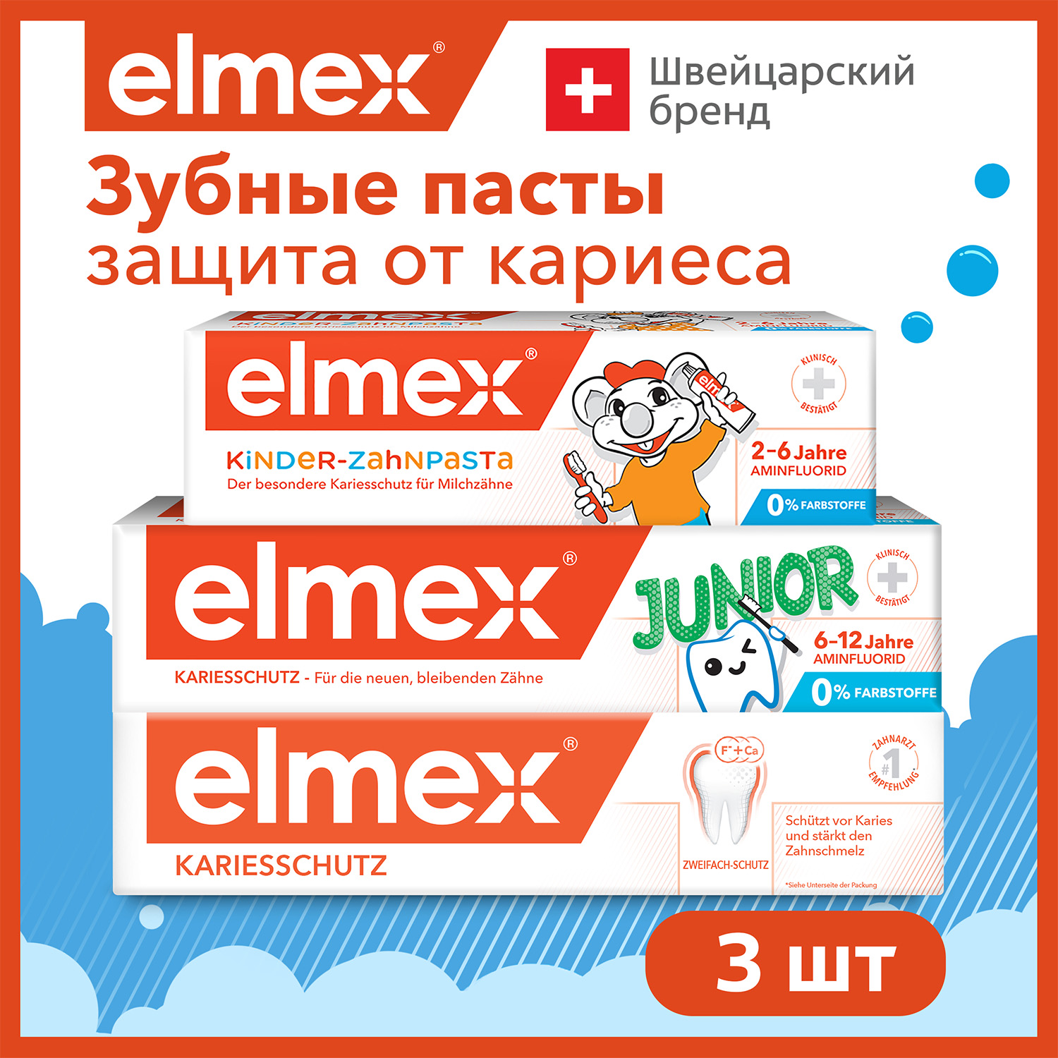 Набор зубных паст Elmex 3 шт. Детские 6-12 и 2-6 лет и взрослая защита от кариеса - фото 9