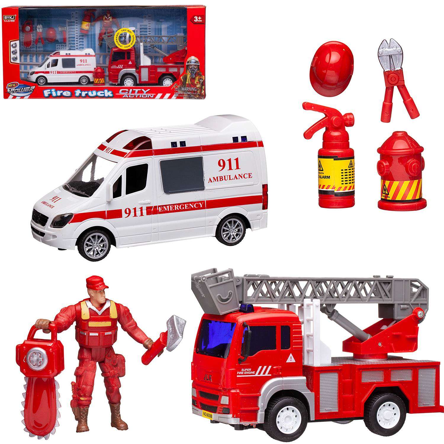 Игровой набор Junfa Служба спасения пожарная машина скорая помощь фигурка пожарного аксессуары свет звук 9930A - фото 2