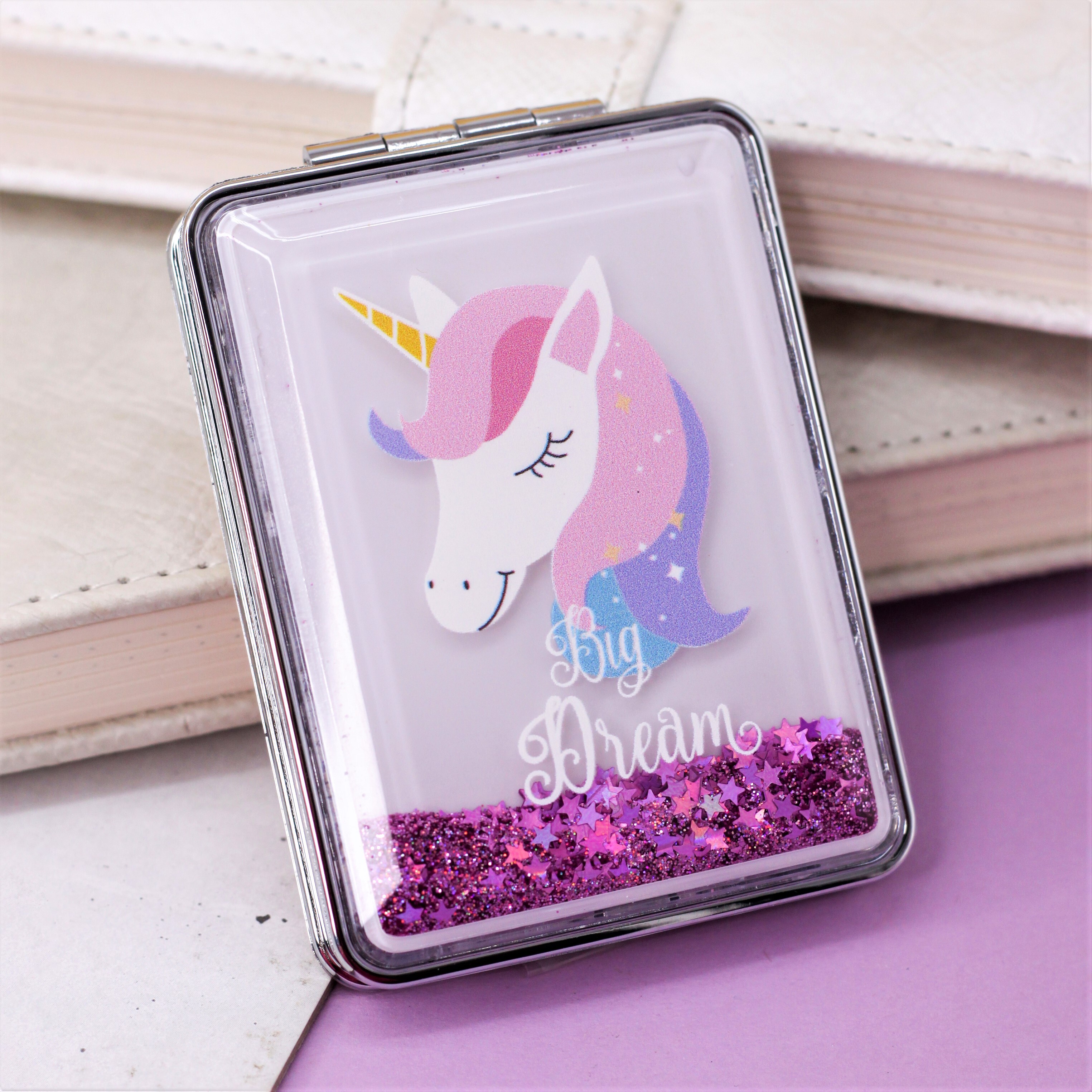 Зеркало карманное iLikeGift Sparkles unicorn purple с увеличением - фото 1