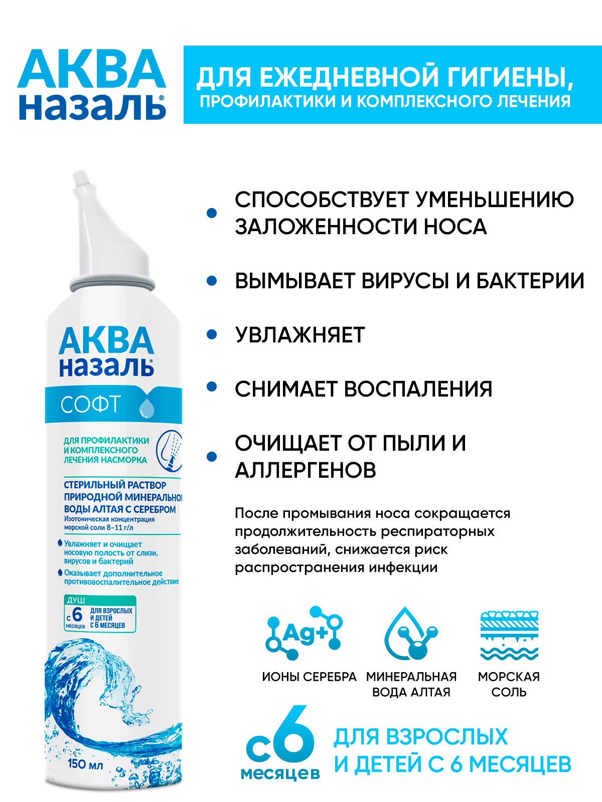 Средство для промывания носа Акваназаль Софт с 6 мес 150 мл купить по цене  630 ₽ в интернет-магазине Детский мир