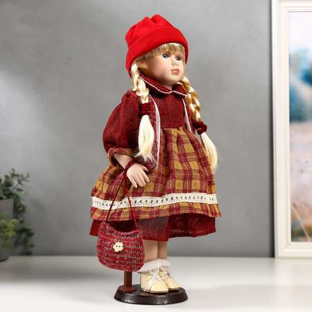 Кукла коллекционная Зимнее волшебство керамика «Марина в бордовом платье в клетку» 40 см