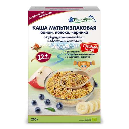 Каша Fleur Alpine мультизлаковая банан-яблоко-черника с кукурузными шариками и овсяными хлопьями 200г с 12месяцев