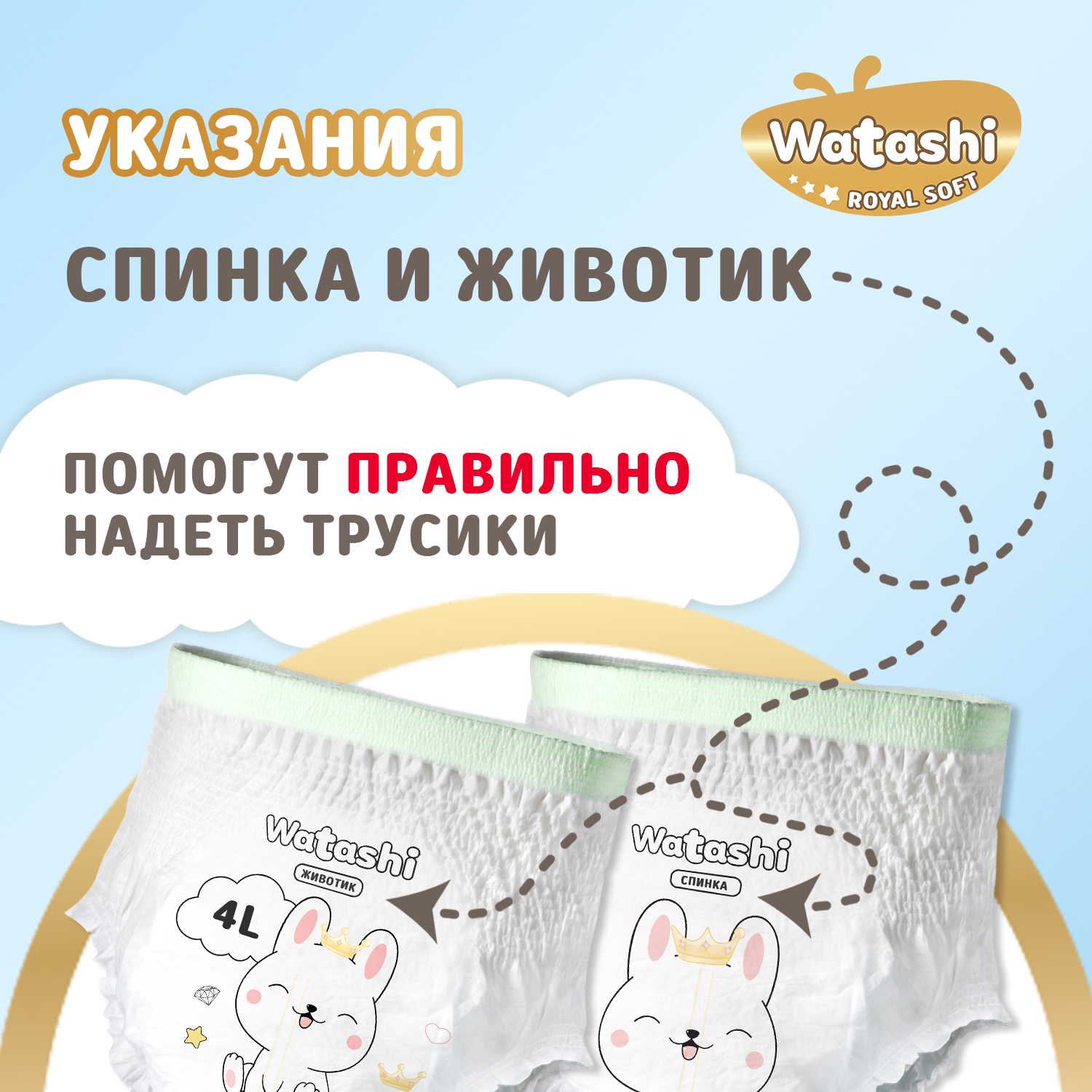 Подгузники-трусики 4/L 9-14 кг WATASHI Royal Soft mega-pack 56шт - фото 5