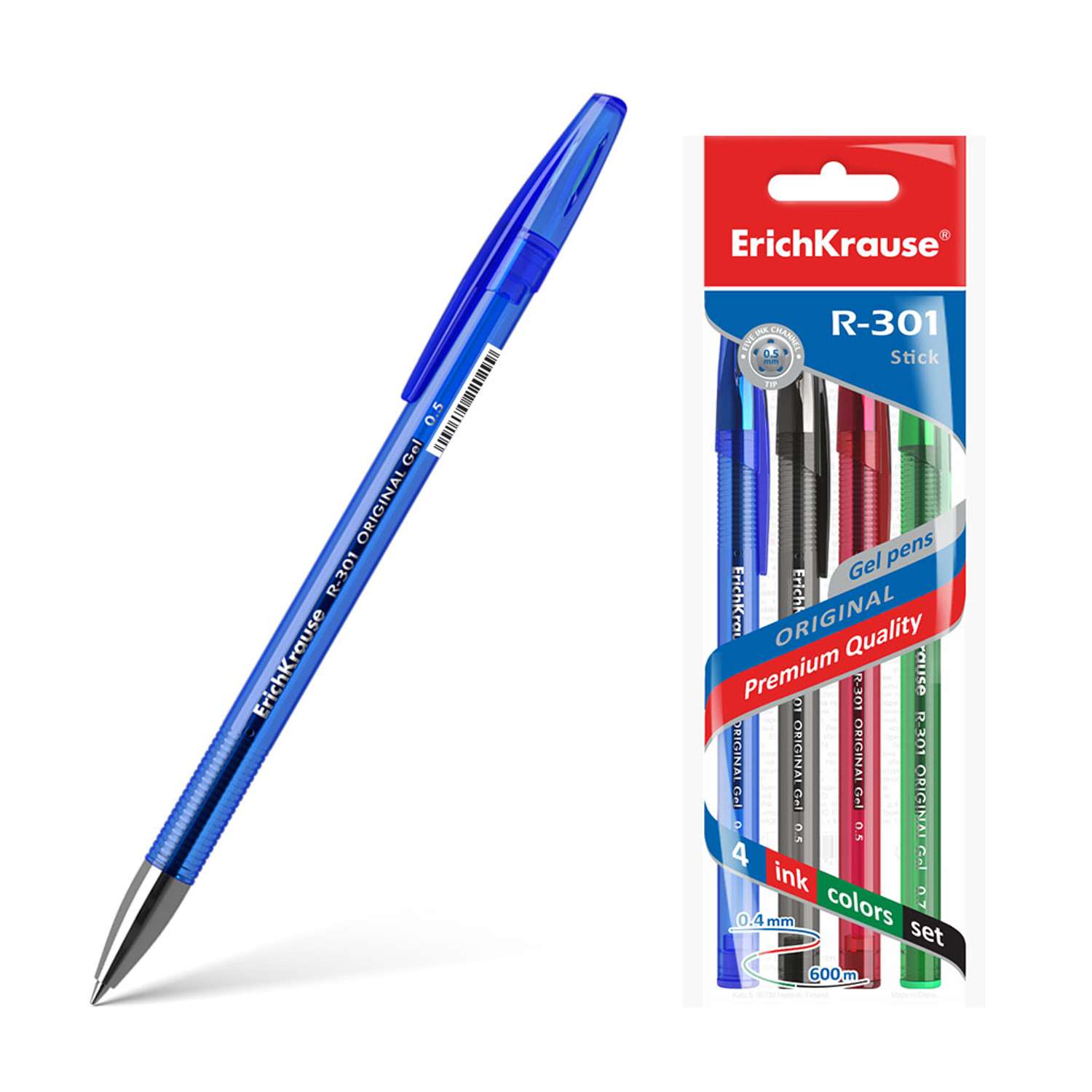 Ручка гелевая ErichKrause R 301 Original Gel Stick синий черный красный зеленый 4 шт - фото 1