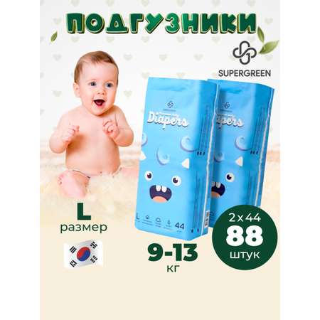 Подгузники SUPERGREEN Premium baby Diapers L размер 2 упаковки по 44 шт 9-13 кг ультрамягкие