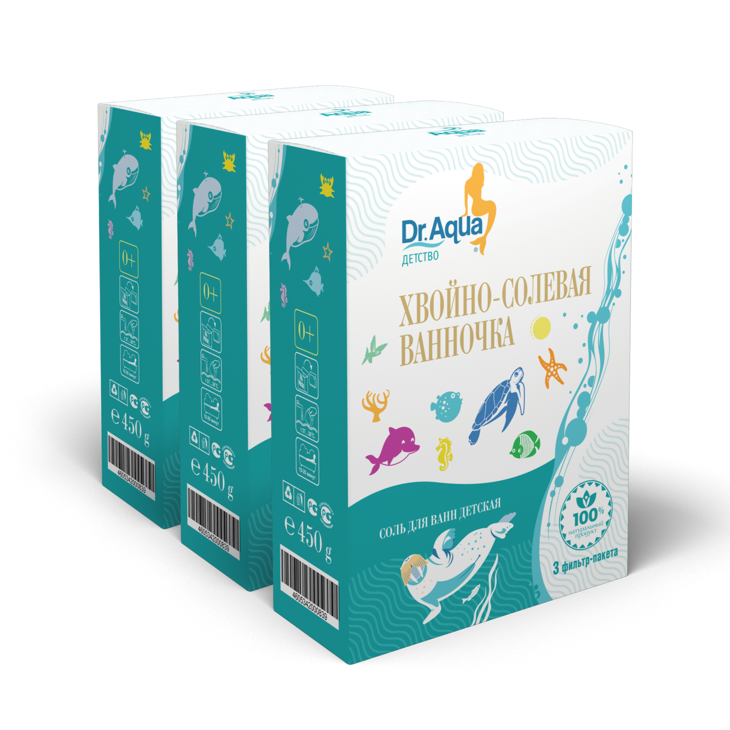 Детская соль для ванны Dr.Aqua Хвойно-солевая ванночка 3 упаковки по 450 г - фото 1