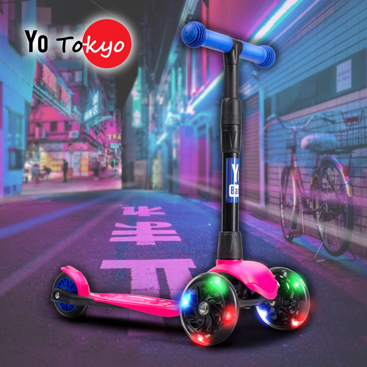 Самокат детский Yo Band Tokyo легкий бесшумный светящиеся колёса розовый-синий - фото 1