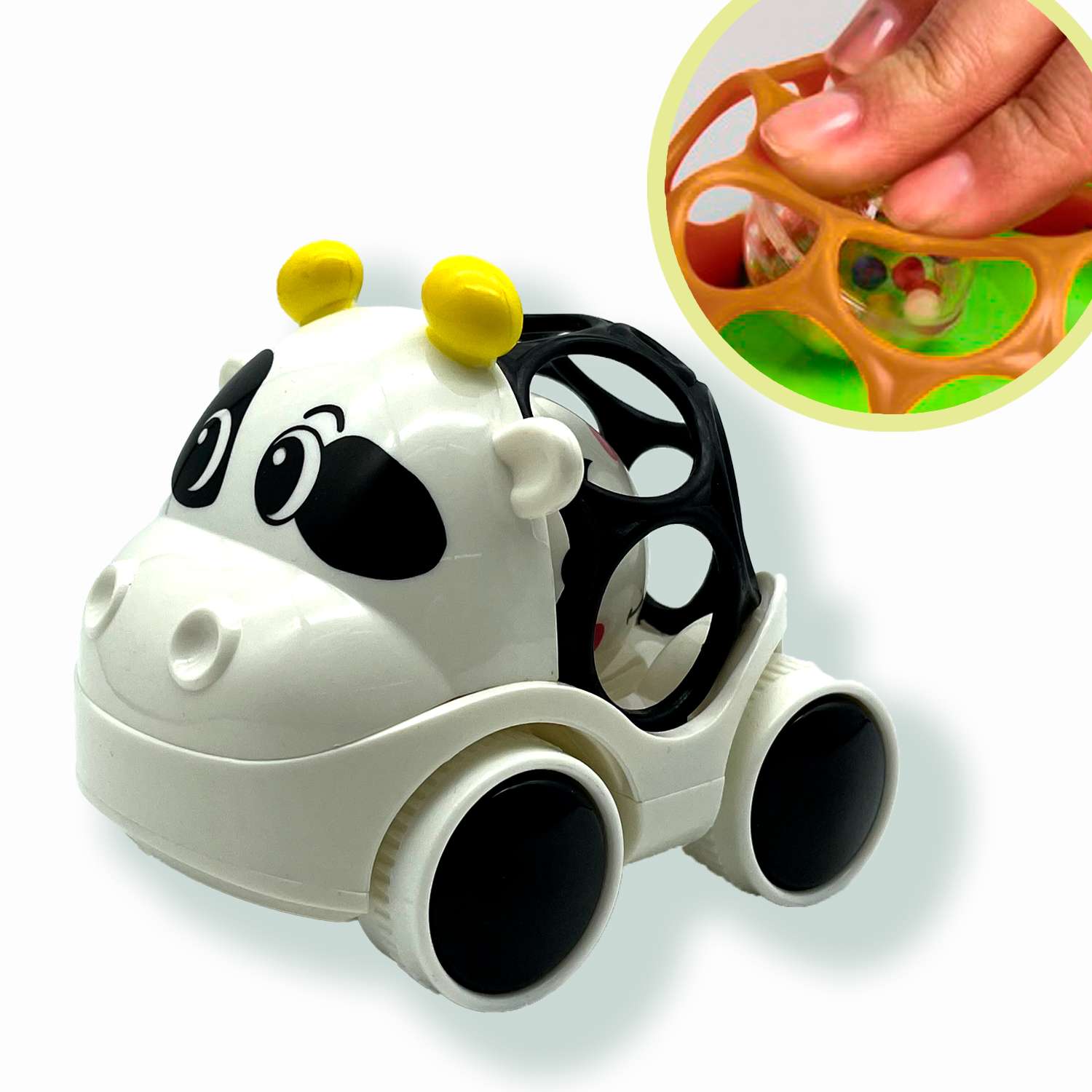 Машинка-погремушка BONDIBON Коровка чёрно-белого цвета с шаром серия Baby You - фото 1