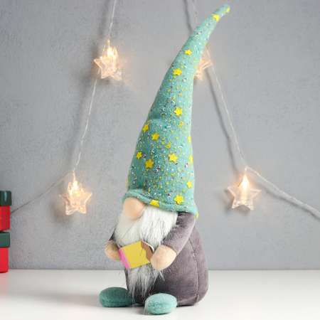 Кукла интерьерная Зимнее волшебство «Гном в зелёном колпаке со звёздами с карандашом» 39х12х11 см
