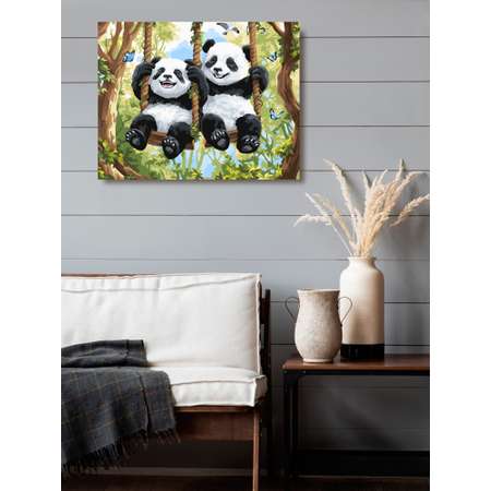 Картина по номерам Art on Canvas холст на деревянном подрамнике 40х50 см Панды на качелях
