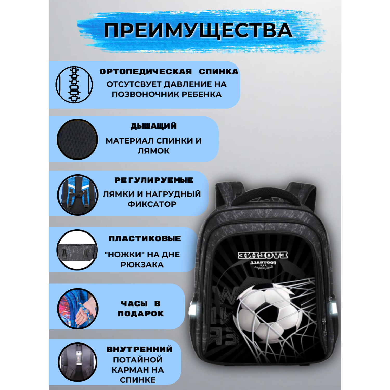 Рюкзак школьный Evoline Футбольный мяч черный белый S700-ball-5 с анатомической спинкой - фото 8
