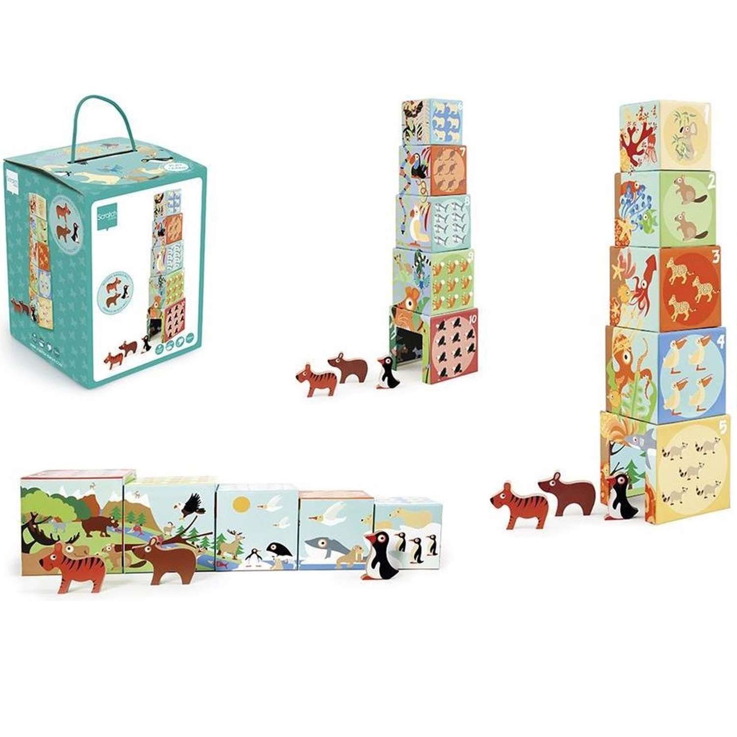 Кубики детские Scratch Башня Животные мира с фигурками - фото 1