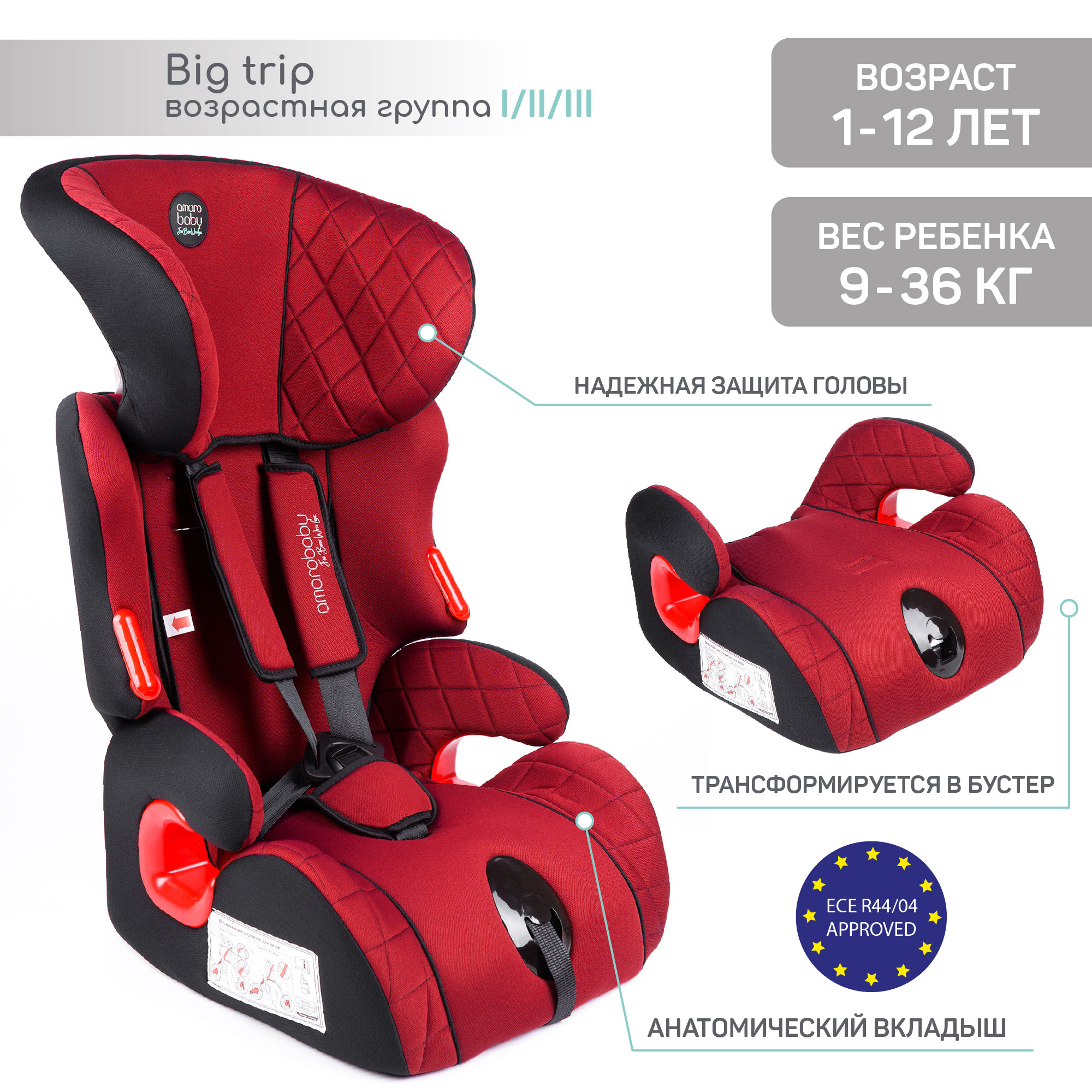 Автокресло AmaroBaby Big trip группа I II III красный чёрный - фото 3