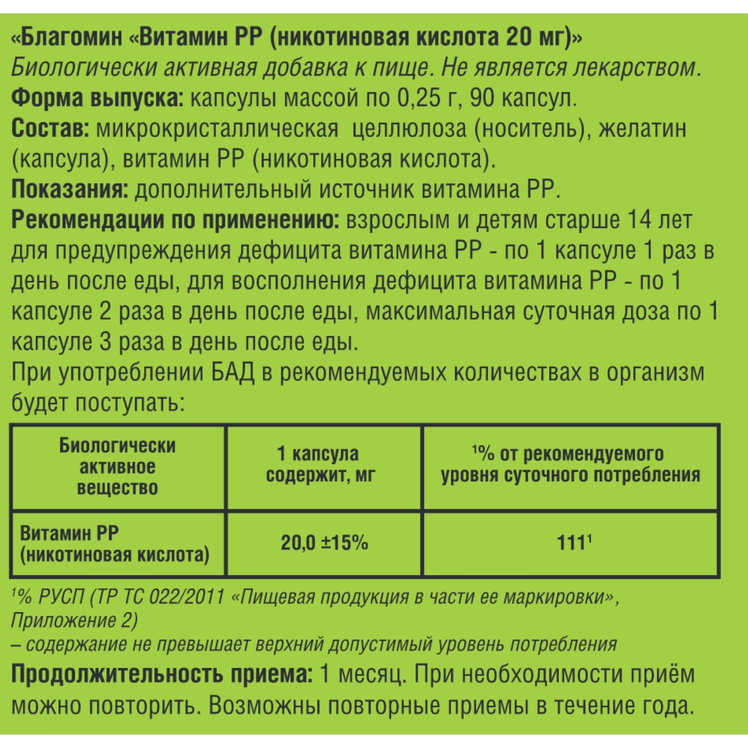 Благомин Витамин РР никотиновая кислота 0.25г 90капсул - купить в интернет  магазинев Москве и России, отзывы, цена, фото