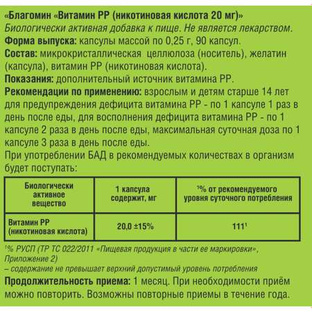 Биологически активная добавка Благомин Витамин РР никотиновая кислота 0.25г 90капсул