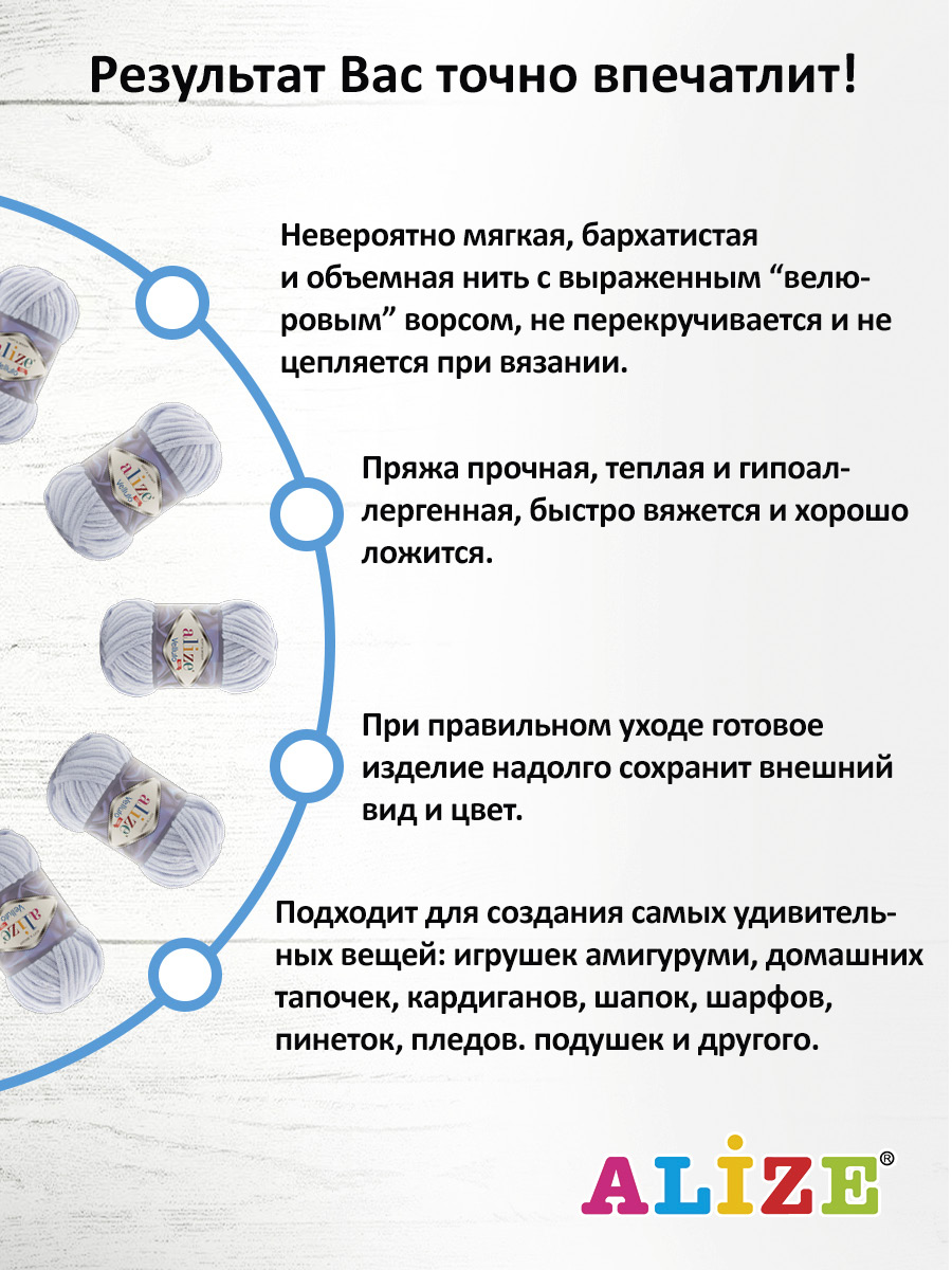 Пряжа для вязания Alize velluto 100 гр 68 м микрополиэстер мягкая велюровая 416 серый 5 мотков - фото 4