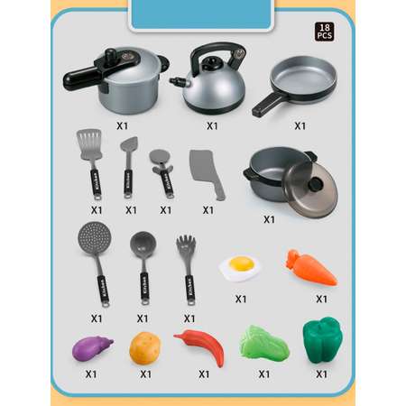 Детский игровой набор SHARKTOYS Игрушечная посуда для куклы 18 предметов серый