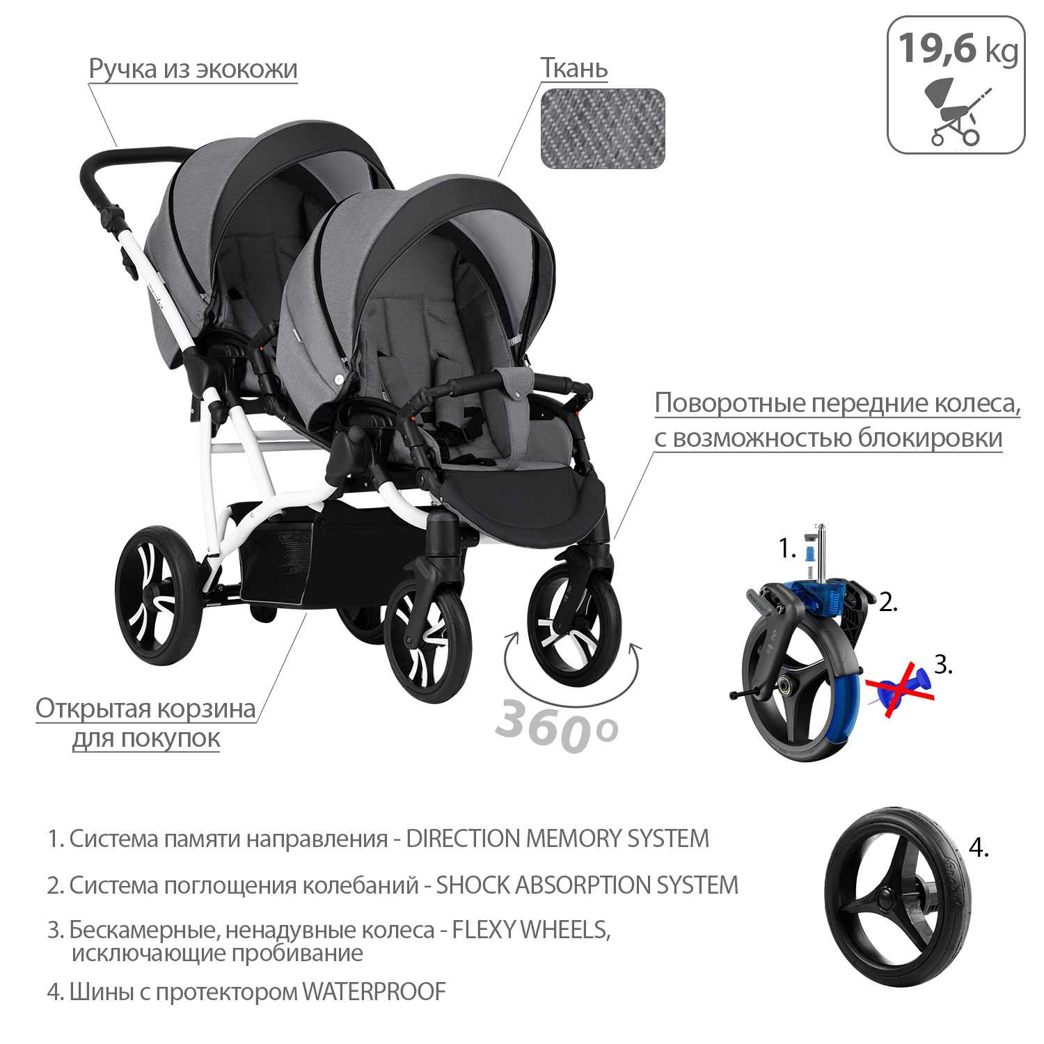 Коляска прогулочная для двойни Bebetto 42 Sport Comfort 04 шасси Белое - фото 5