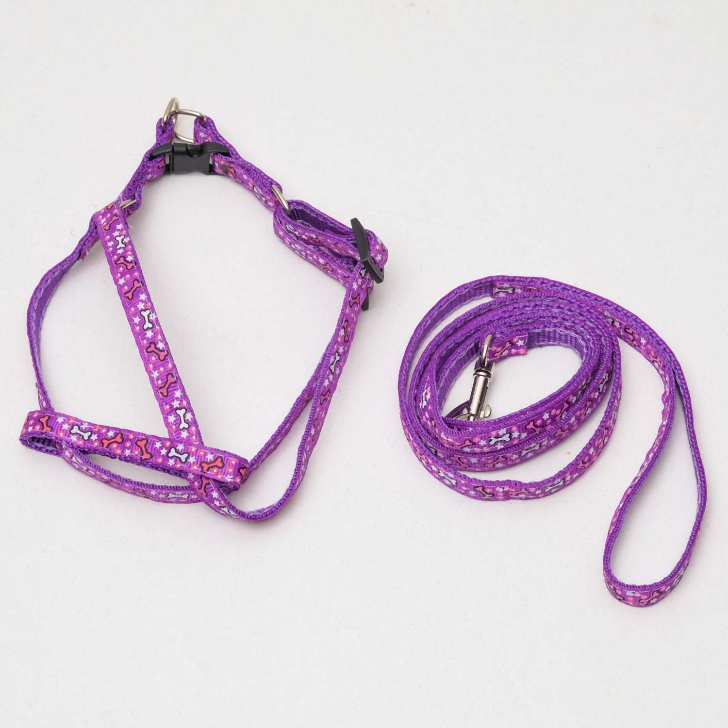 Комплект для собаки Пижон «Звёздные косточки» поводок 120 см шлейка 23-35 см фиолетовый - фото 1
