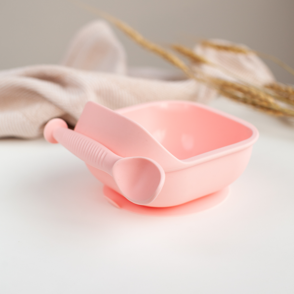 Набор детской посуды iSюминка Силиконовая тарелка на присоске и ложка Розовая - фото 13