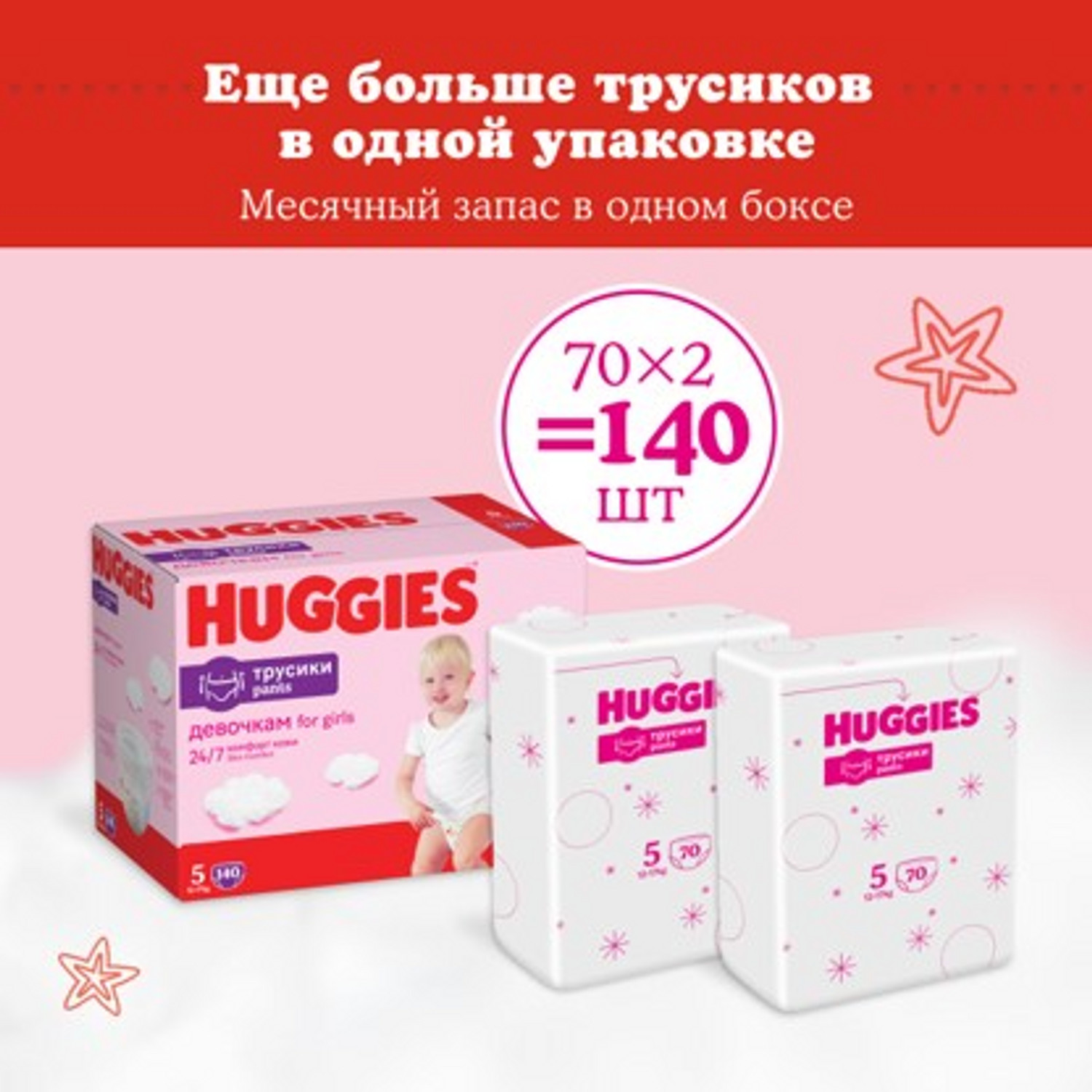 Подгузники-трусики Huggies для девочек 5 12-17кг 140шт - фото 2