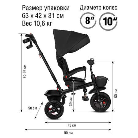 Велосипед-коляска детский CITYRIDE трехколесный диаметр 10 и 8 черный