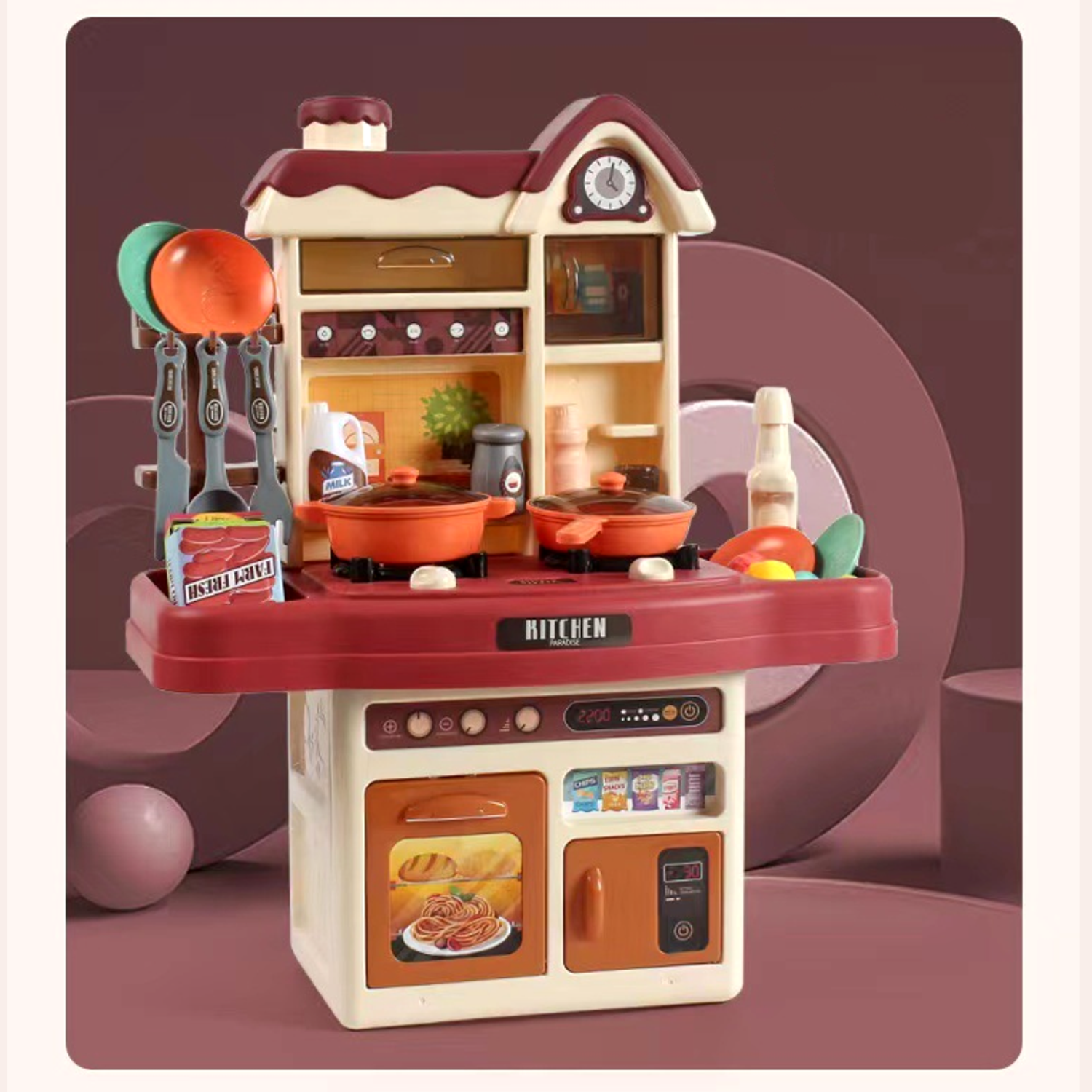 Интерактивная детская кухня SHARKTOYS со светом паром звуками посудой продуктами 21 предмет - фото 7