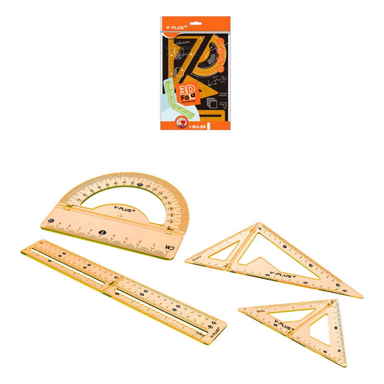 Чертёжный набор Y-plus 3D Fold линейка 15/30см+2угольника+транспортир оранжевый - фото 2