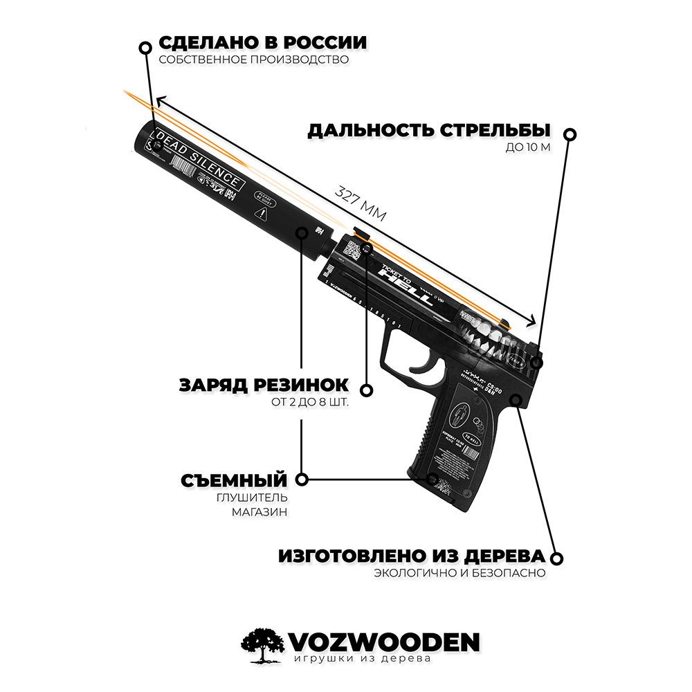 Игрушечный пистолет VozWooden USP-S Билет в Ад CS GO резинкострел  деревянный купить по цене 2490 ₽ в интернет-магазине Детский мир