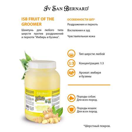 Шампунь для кошек и собак Iv San Bernard Fruit of the Groomer Ginger and Elderbery для любого типа шерсти против раздражений и перхоти 3.25л