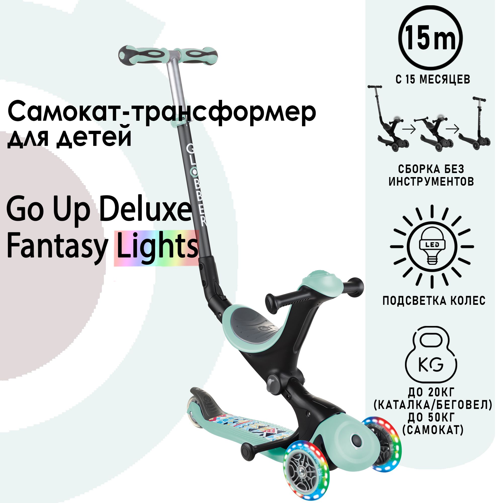 Самокат Globber GO UP DELUXE FANTASY LIGHTS мятный - фото 1