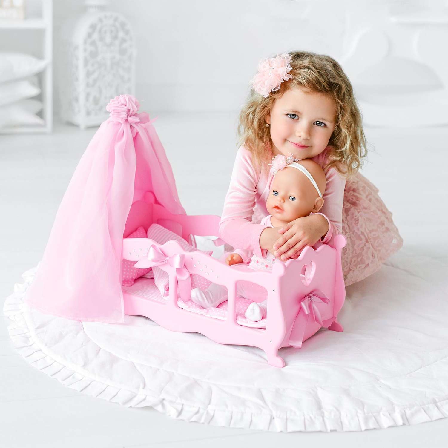 Кроватка Лесная мастерская для кукол с постельным бельем и балдахином коллекция «Diamond princess» розовый 5216844 - фото 1